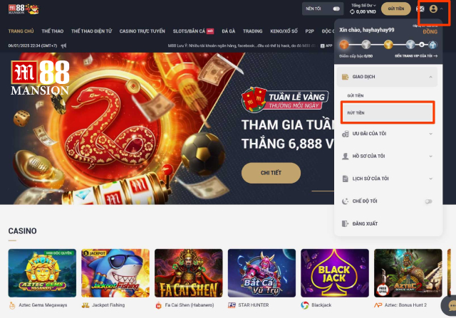 Chọn ngay vào mục rút tiền để tiến hành rút tiền M88