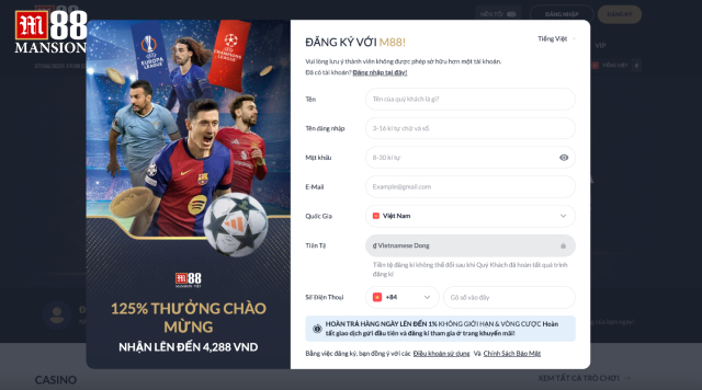 Giao diện khi đăng ký M88 cực dễ dàng